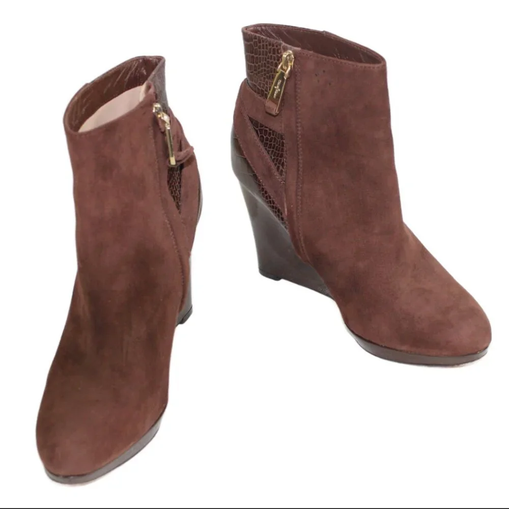 Cole Haan Martina Nike Air Chocolate Suede Croc Patent Wedge Bootie Size 9